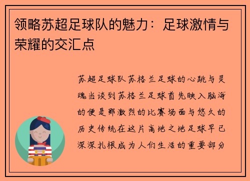 领略苏超足球队的魅力：足球激情与荣耀的交汇点