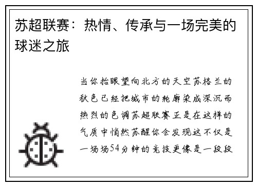 苏超联赛：热情、传承与一场完美的球迷之旅