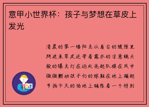 意甲小世界杯：孩子与梦想在草皮上发光